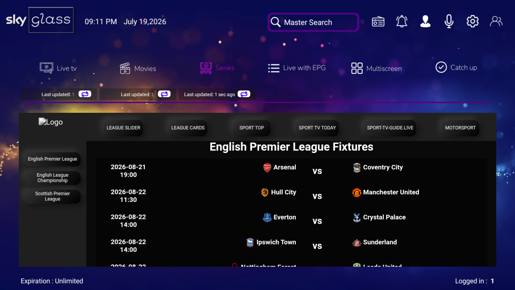 Sky Glass Smarters (With Listings) IPTV app screenshot