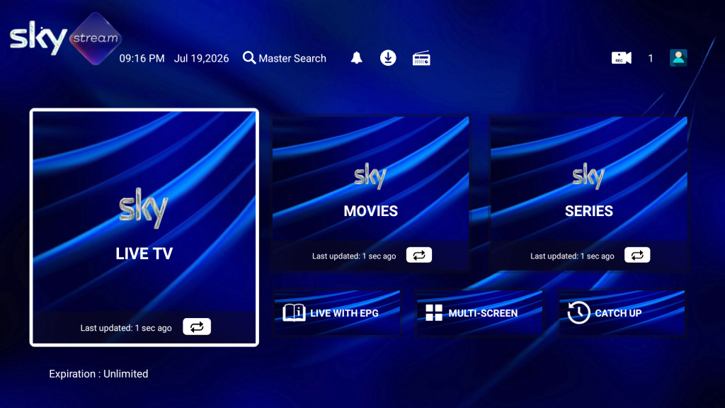 Sky Stream Smarters IPTV app screenshot